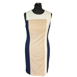 Roz & Ali Blue and Tan Neutral Color Block Sleeveless Sheath Dress Size 14